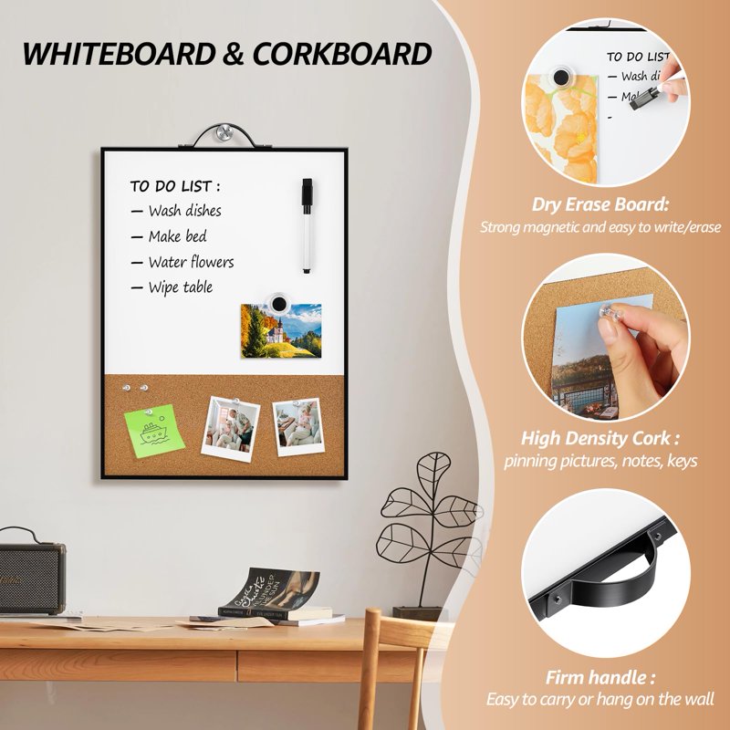 16x12 Inch Dry Erase Whiteboard & Corkboard Combo - Portable Magnetic Planning Board