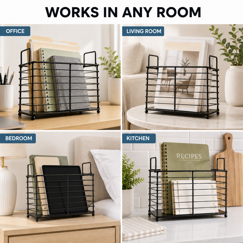 Black Iron Wire Magazine Rack with Handles - Home Office & Living Room Storage Basket