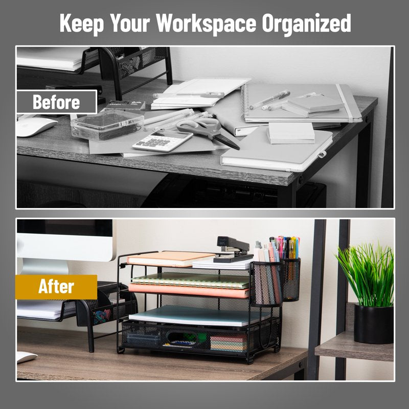 Mesh Desk Organizer with 3 Trays, Drawer & Pen Holders, Black Office Storage
