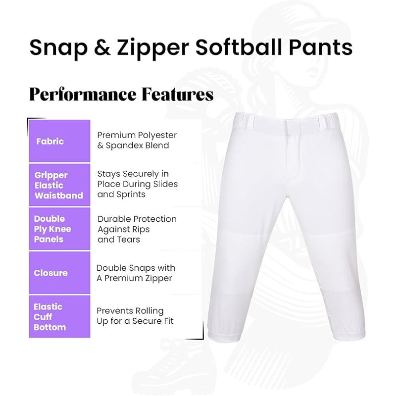 Women's Softball Pants with Zipper Fly & Mesh Panels - Performance Athletic Bottoms