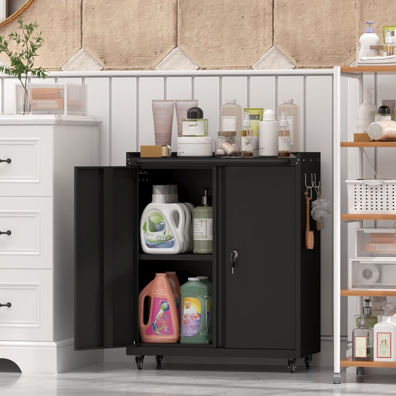 Metal Lockable Storage Cabinet on Wheels - Garage, Office, Home Organizer with Adjustable Shelf