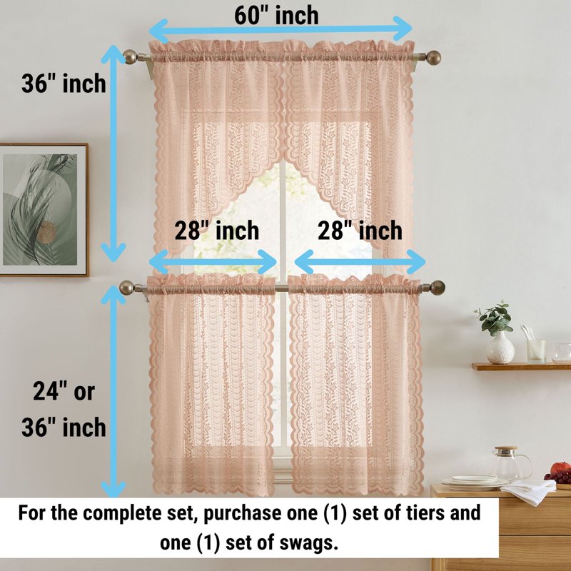 Semi Sheer Floral Lace Window Curtain Tiers for Small Windows - Set of 2