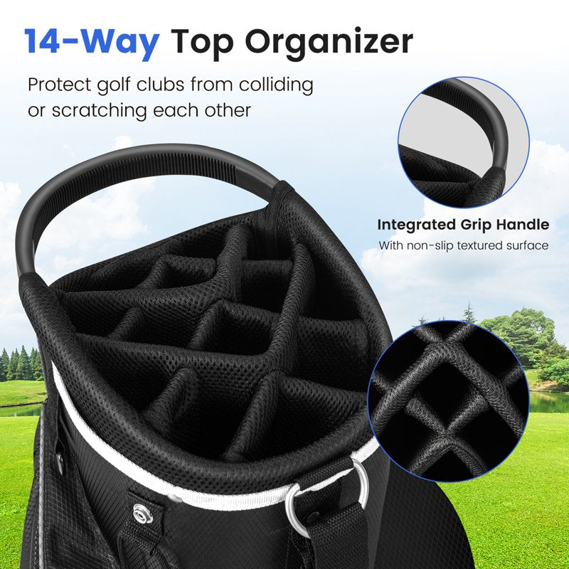 Costway 14-Way Top Golf Cart Bag with 9 Pockets, Rain Hood & Cooler — Grey