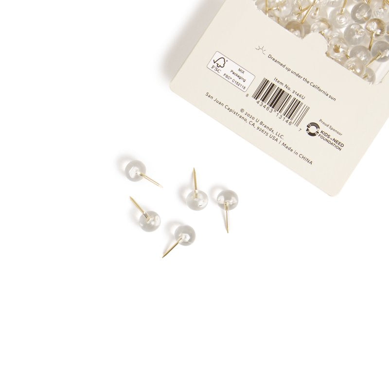Clear Sphere Push Pins with Gold Finish - 100 Pack for Office & Home