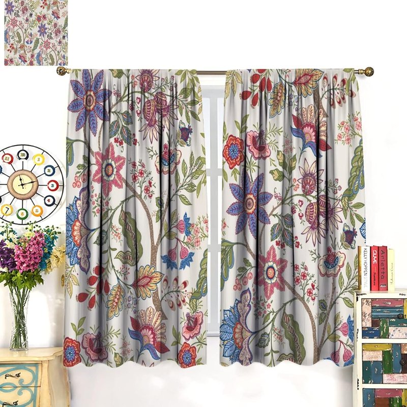 Bohemian Floral Pattern Curtains Set of 2 - Natural Botanical Window Drapes for Living Room & Bedroom