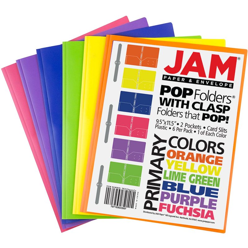 2-Pocket Plastic Folder with Clasps - Assorted Colors, 9.5 x 11.75 Inches, Pack of 6