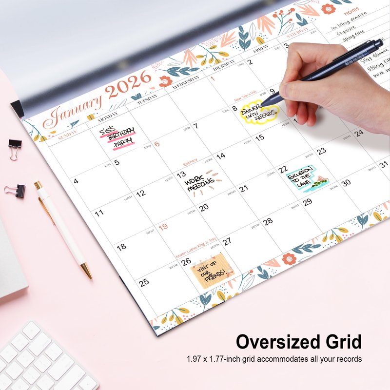 Horizontal Wall Calendar 2026 Floral Pattern Large Weekly Organizer