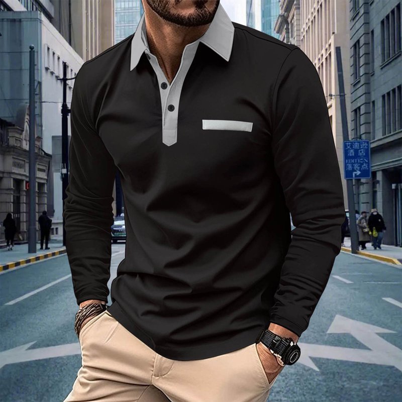 Men's Long Sleeve Polo Shirt with Pocket - Casual Cotton Golf Top