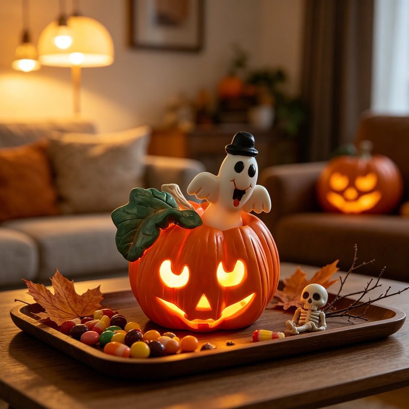 Vintage Hand Painted Lighted Pumpkin with Ghost – Cute Top Hat Lantern Night Light