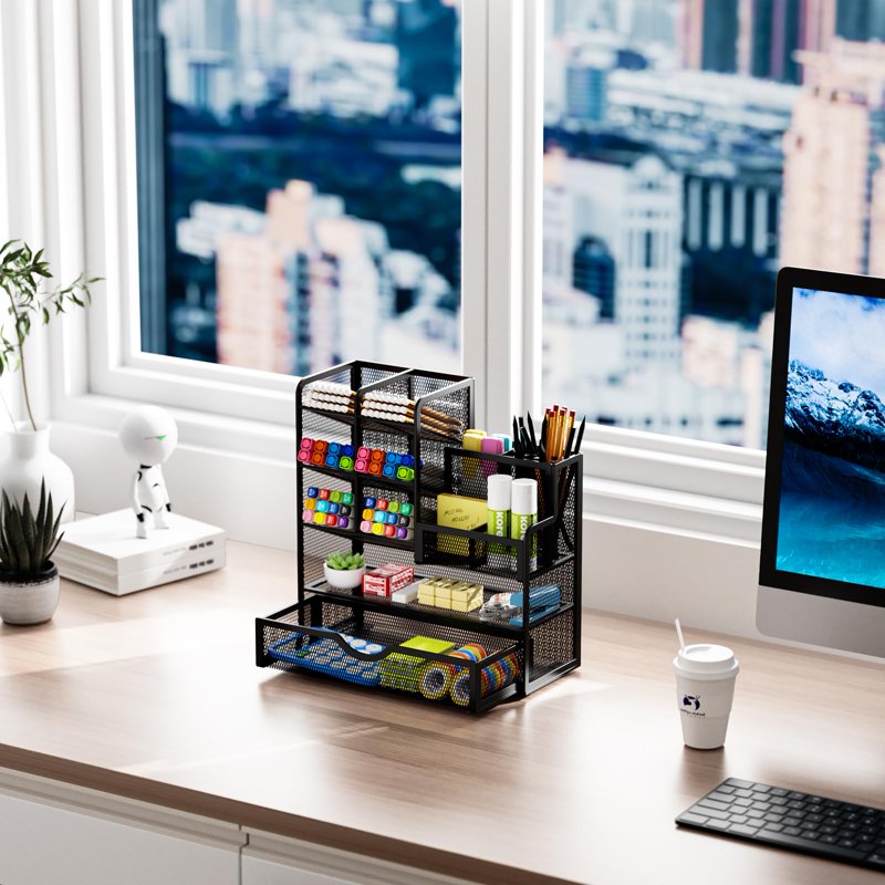Multi-Functional Mesh Desk Organizer with Drawer - Office Stationery Storage