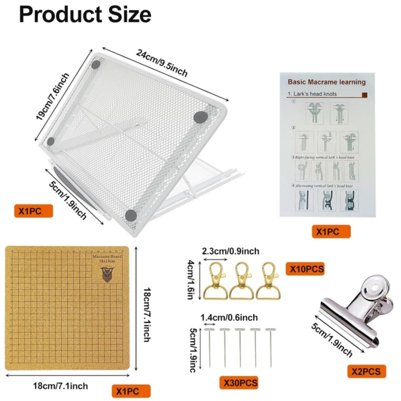 Macrame Board Set with Adjustable Holder, T Pins & Supplies for Knotting & Bracelet Making - 7x7 inch