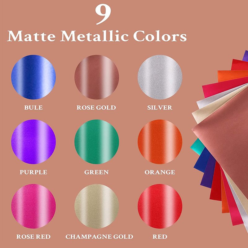 Matte Metallic Permanent Vinyl Sheets 12x12 Inches - Assorted Colors, 9 Pack