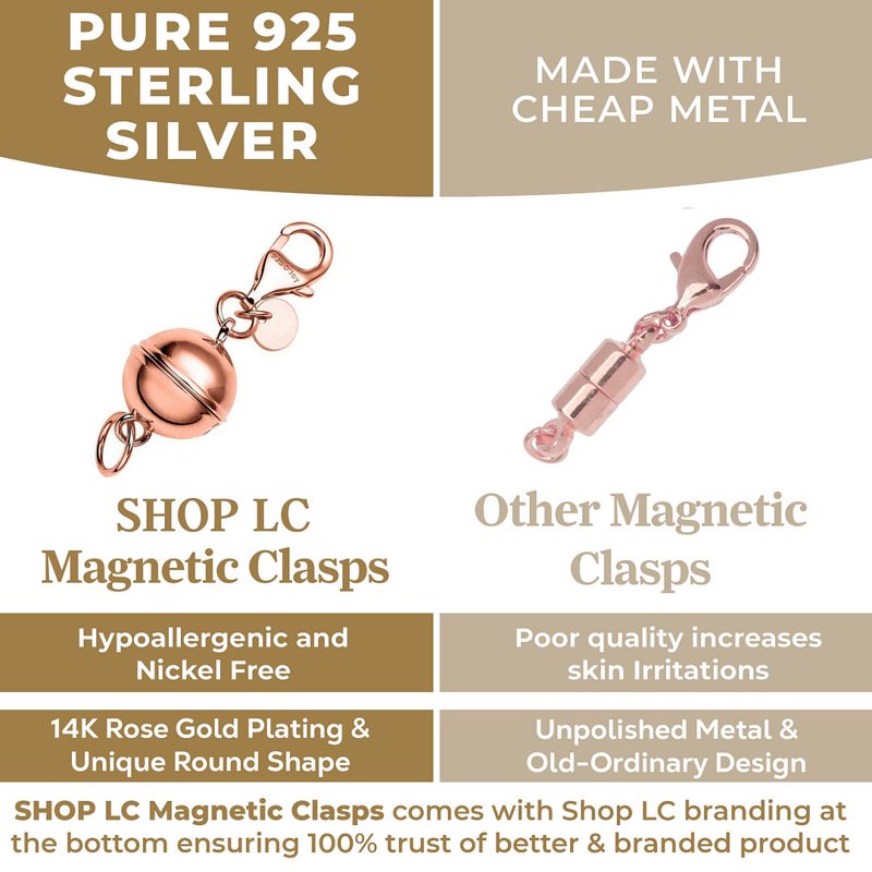 Magnetic Necklace Clasp in 925 Sterling Silver or 14K Rose Gold Plated Jewelry Lock - Women’s Easy-Use Locking Closure