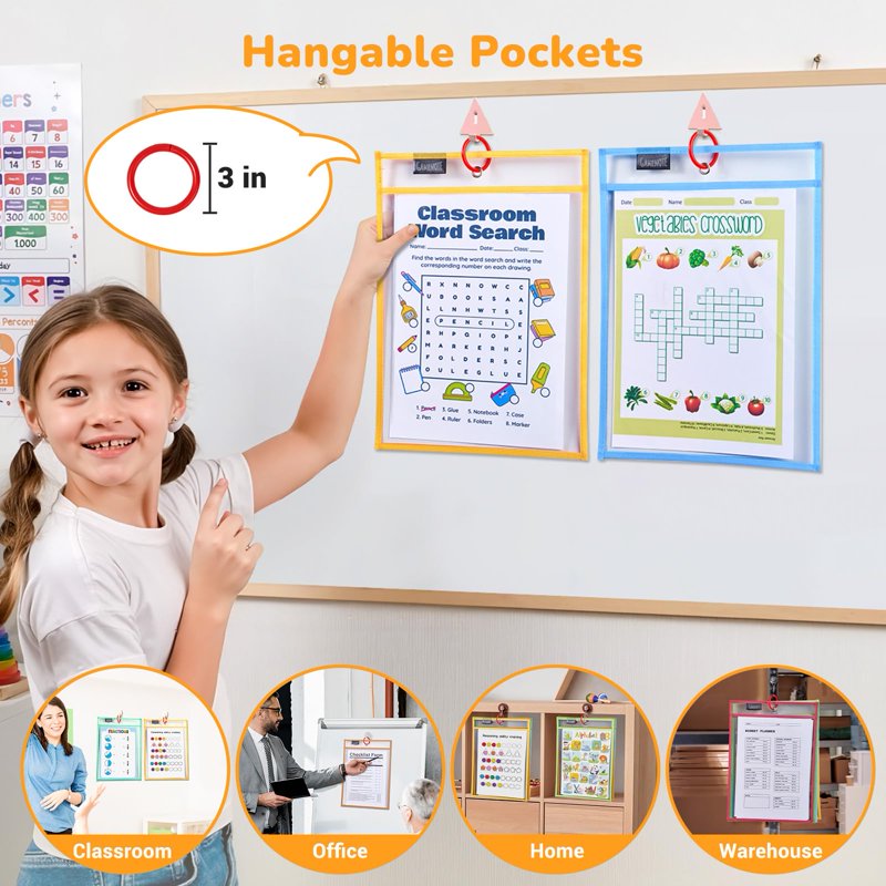 30 Pack Reusable Dry Erase Pocket Sleeves with 3 Rings - 10x14 Inch Plastic Sheet Protectors for Classroom Office and Organization