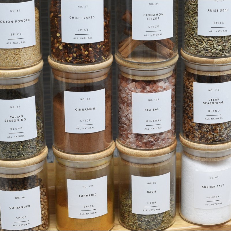 Minimalist Spice Jar Labels Set Waterproof Matte Finish | Pre-Printed & DIY