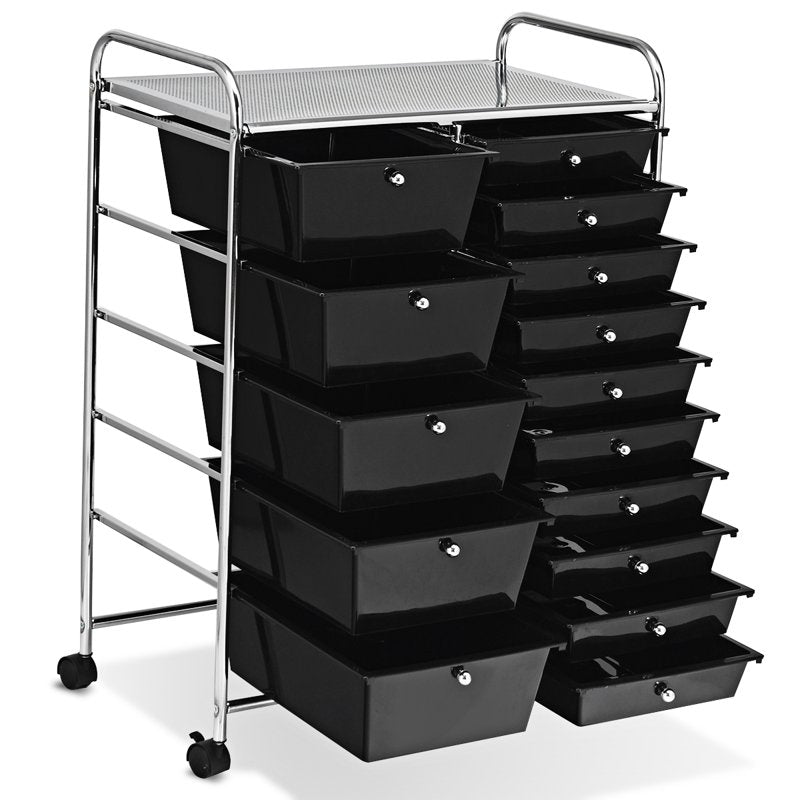15-Drawer Rolling Cart with Wheels, Mobile Storage Organizer, Black