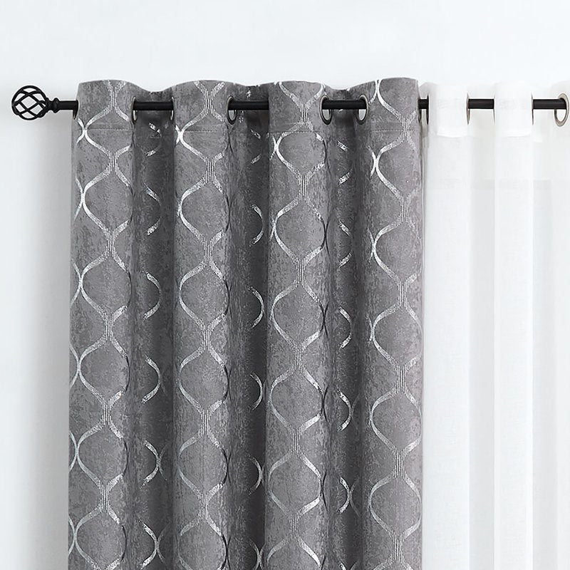 Blackout Curtain Panels with Silver Moroccan Geometric Pattern - 52x63 Inches, Gray, Set of 4