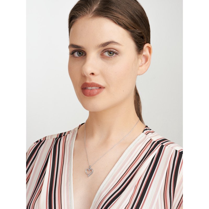 Silver Open Heart Pendant Necklace with Diamond Accent - 18 Inch Chain