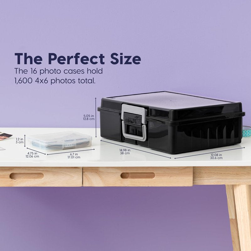 Clear Photo Storage Box with 16 Removable 4x6 Picture Holders, Stackable Organizer
