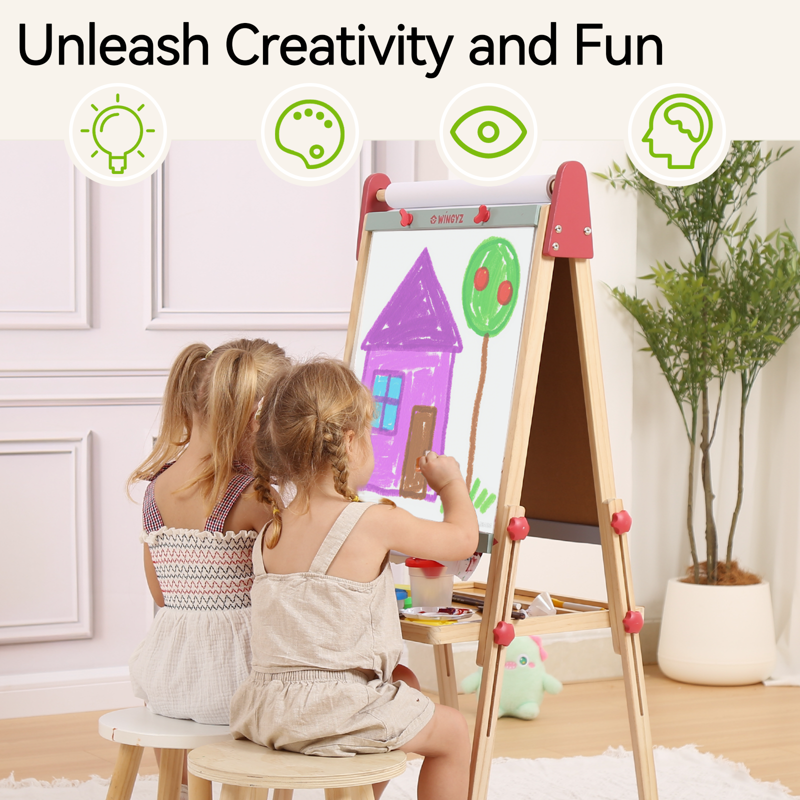 Kids Wooden Art Easel with Paper Roll, Magnetic Whiteboard & Chalkboard, Adjustable for Ages 3-12