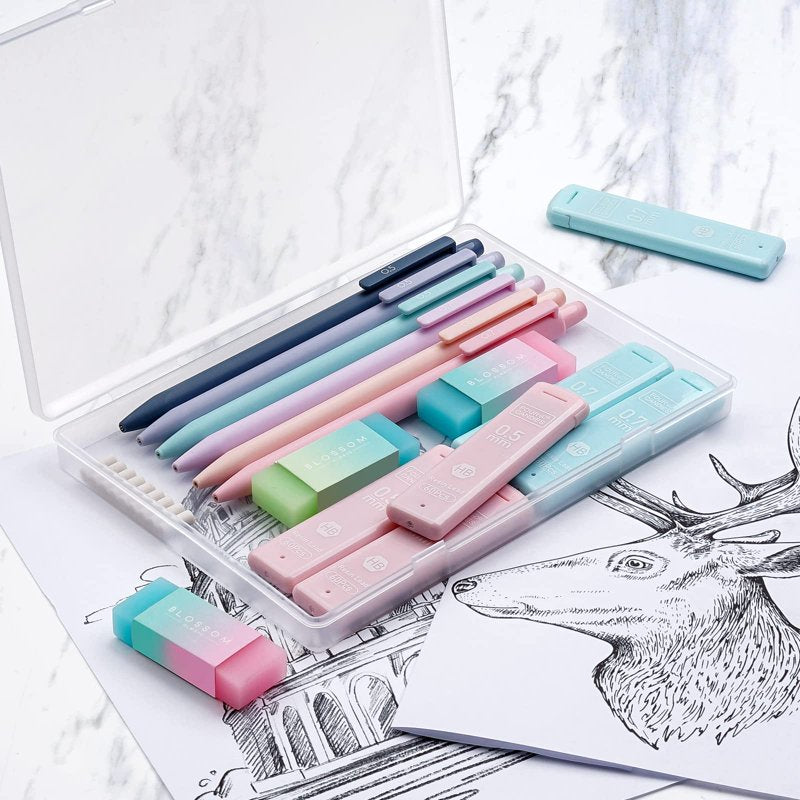 Pastel Mechanical Pencils Set with Lead & Erasers - 6 or 12 Pack for Drawing & Writing