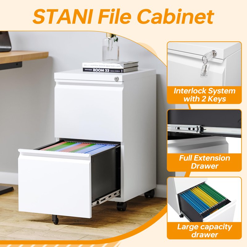 Lockable Mobile File Cabinet with 2 Drawers - Metal Under-Desk Storage for Home Office