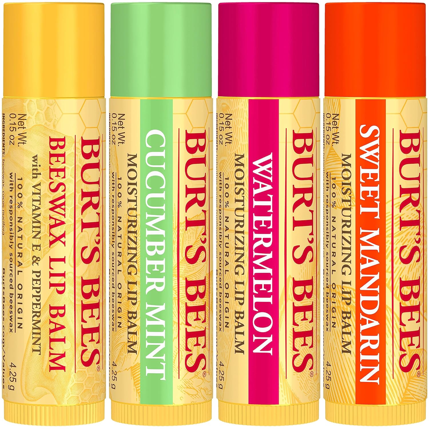 Burt's Bees Lip Balm - Original Beeswax, Cucumber Mint, Watermelon & Sweet Mandarin, With Responsibly Sourced Beeswax, Tint-Free, Natural Origin Treatment, 4 Tubes, 0.15 oz.