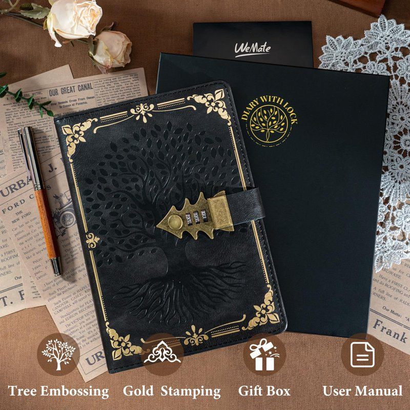 Password Protected Leather Notebook with Lock, A5 PU Cover - Multiple Colors