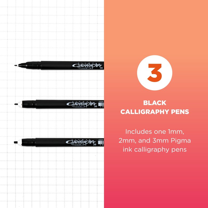 Calligraphy Brush Pens Set - Archival Black Ink for Lettering & Modern Calligraphy - 1mm, 2mm & 3mm Nibs - 3 Pack