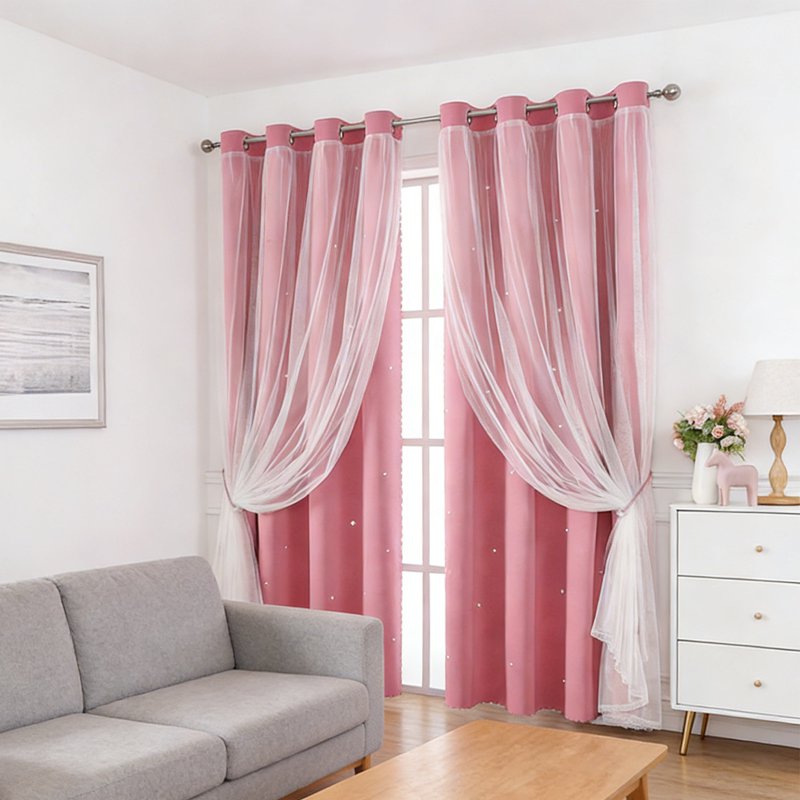 Double Layer Blackout Curtains with Star Pattern Lace Overlay 40x51 Inch for Living Room & Bedroom