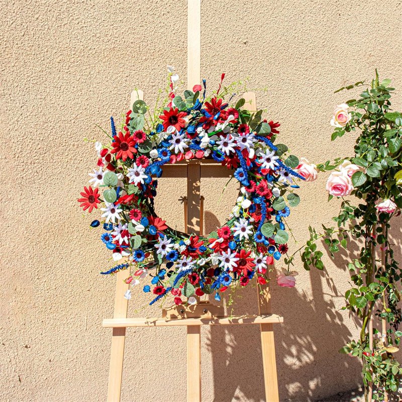 Patriotic Flower Wreath for Front Door - Red White Blue Independence Day Decor