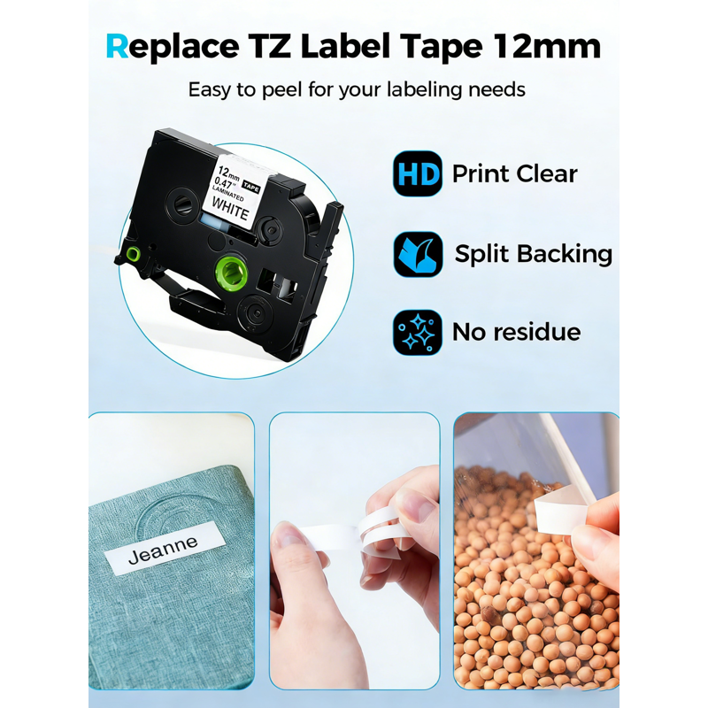 12mm Laminated Label Tape Refill 5-Pack for Brother P-Touch Label Makers