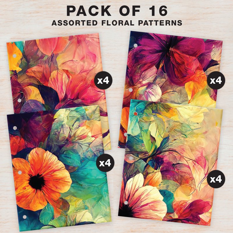 16 Pack Designer Pocket Folders - Abstract Floral, Marble, Sunflower Patterns