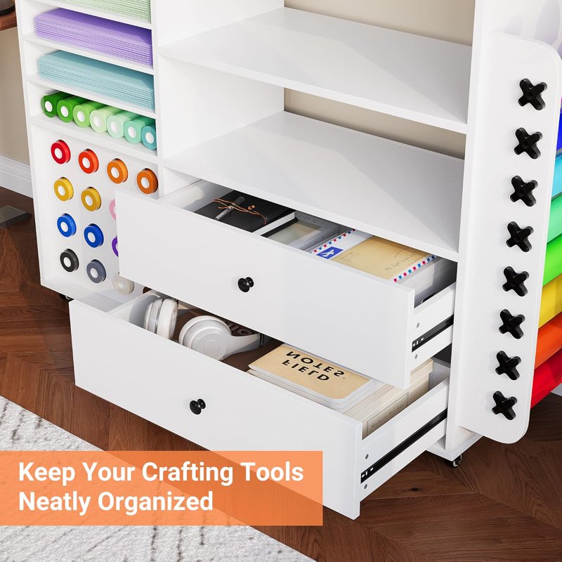 Craft Storage Cart with Vinyl Roll Holders and Large Drawers for Cricut Machines - White