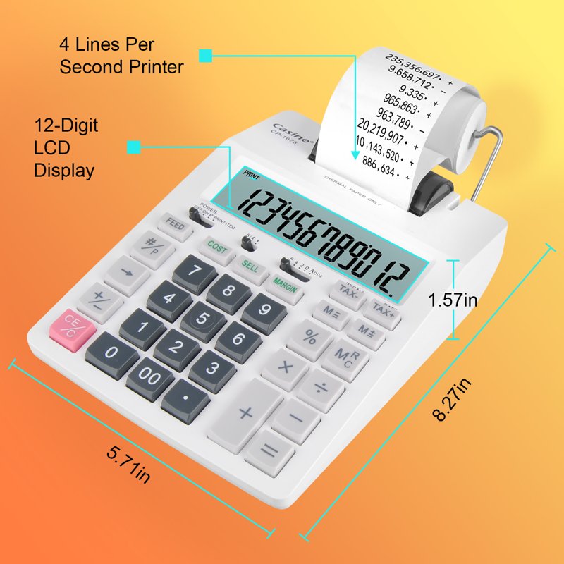Thermal Printing Calculator with 12-Digit LCD, Fast 4 Lines/sec, Home & Office