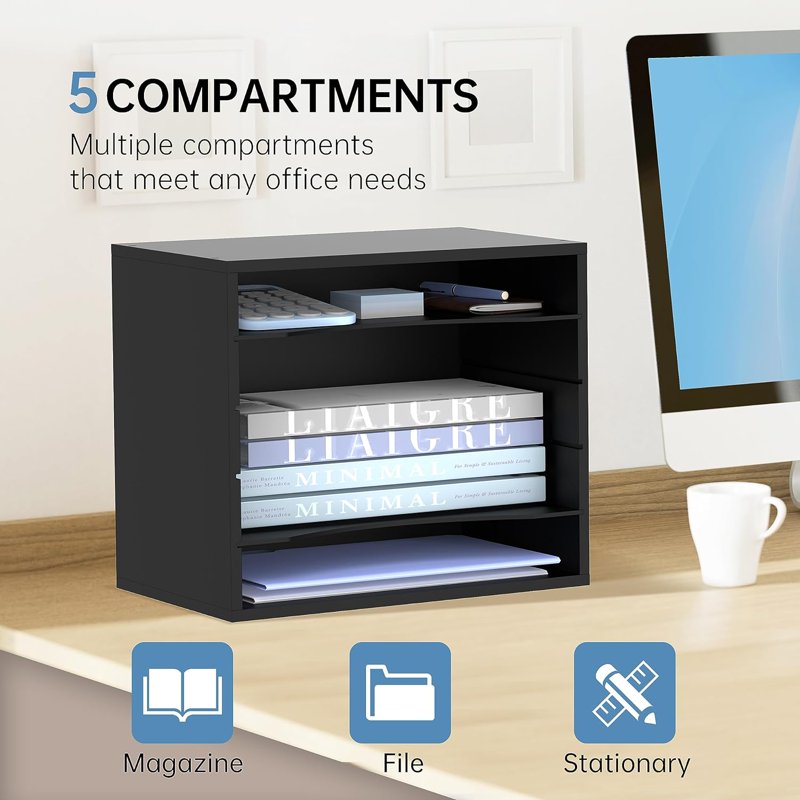 5-Tier Wood Desktop Letter Organizer with Adjustable Trays - Office & Home Storage