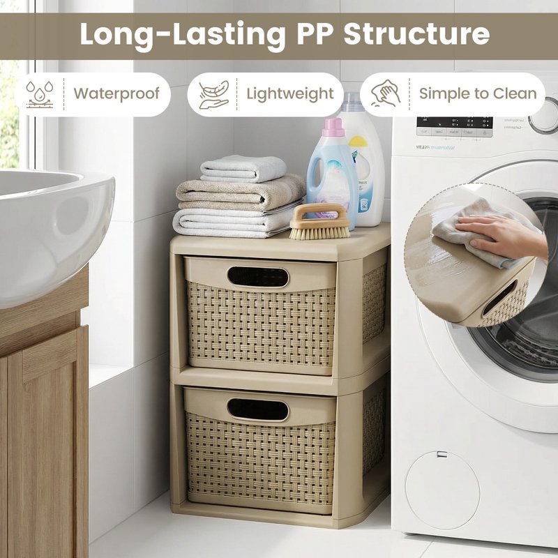 2-Drawer Storage Cabinet with Wicker Pattern Handles for Bedroom Bathroom - Compact Organizer