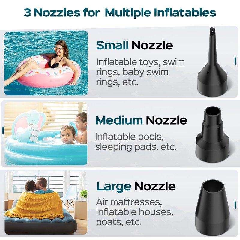 Portable Electric Air Pump with 3 Nozzles for Inflatables Black