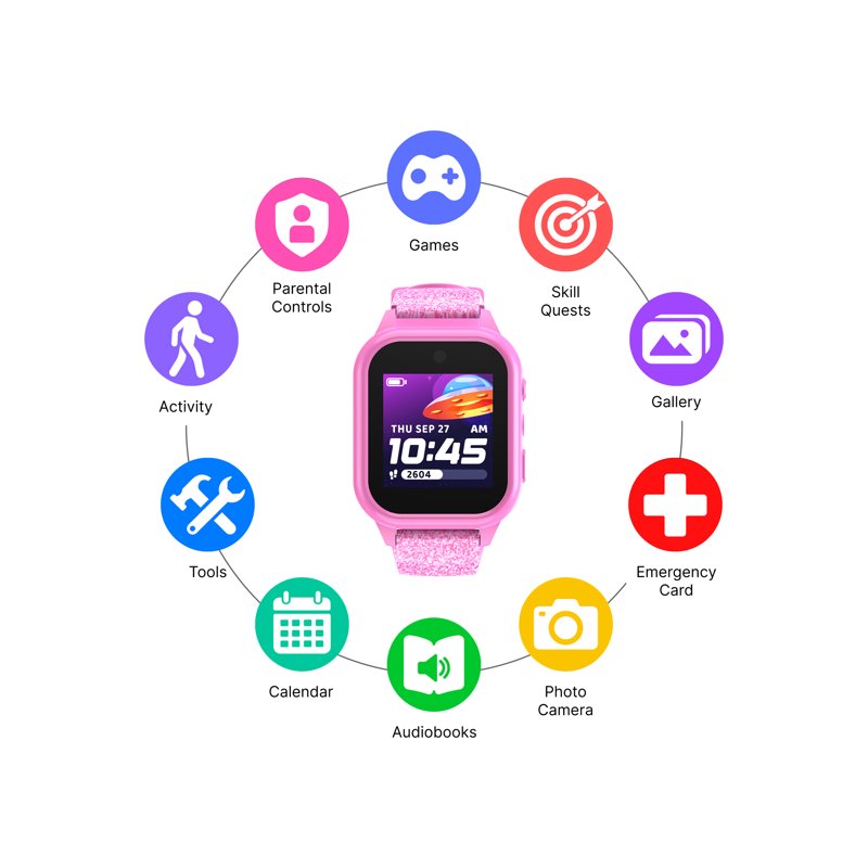 Kids Smartwatch with Camera, Audiobooks & Games – Pink Glitter Strap, Waterproof