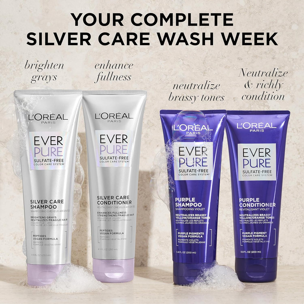L'Oreal Paris EverPure Silver Care Sulfate Free Conditioner, Brightening and Nourishing Hair Care for Gray and Silver Hair, Vegan Formula with Peptides, 8.5 Fl Oz