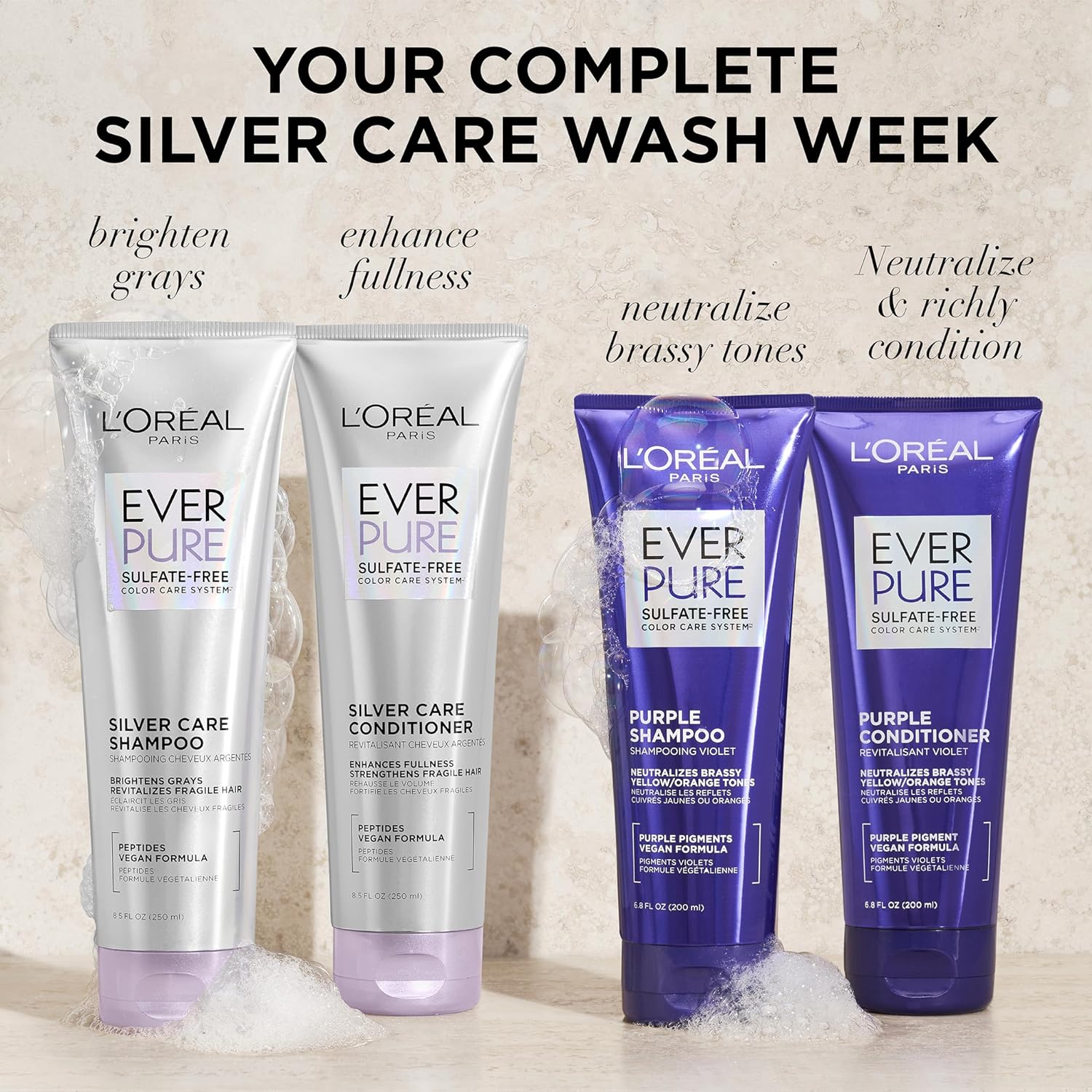 L'Oreal Paris EverPure Silver Care Sulfate Free Conditioner, Brightening and Nourishing Hair Care for Gray and Silver Hair, Vegan Formula with Peptides, 8.5 Fl Oz