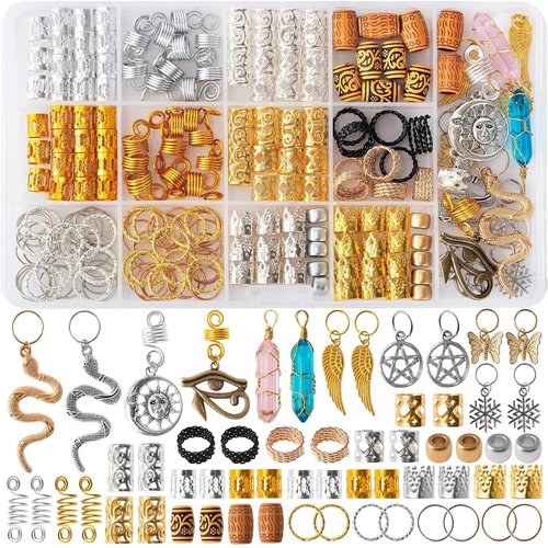 200pcs Dreadlock Hair Beads & Charms Set - Crystal, Metal Coils, Gold/Silver Pendants & Braid Accessories