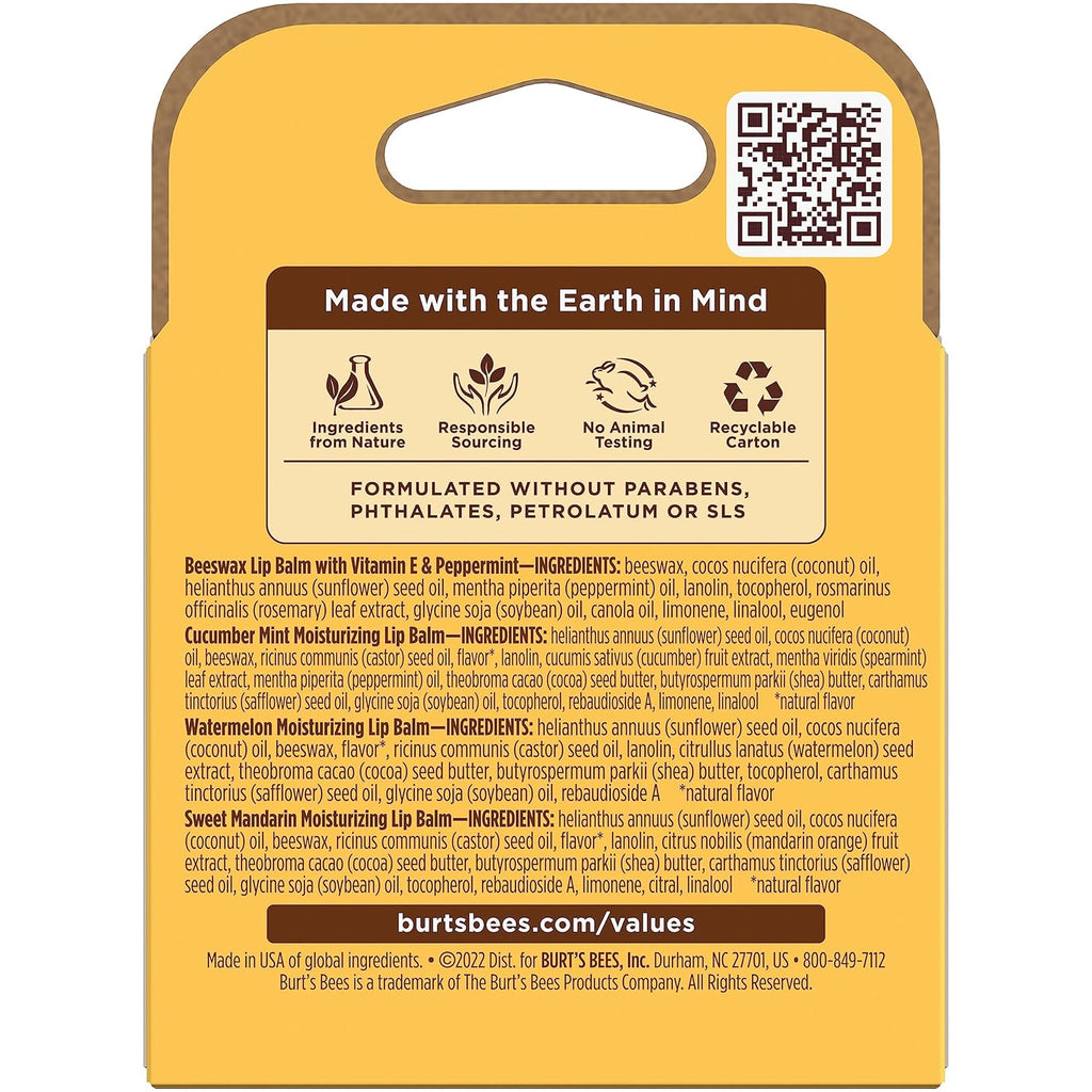 Burt's Bees Lip Balm - Original Beeswax, Cucumber Mint, Watermelon & Sweet Mandarin, With Responsibly Sourced Beeswax, Tint-Free, Natural Origin Treatment, 4 Tubes, 0.15 oz.