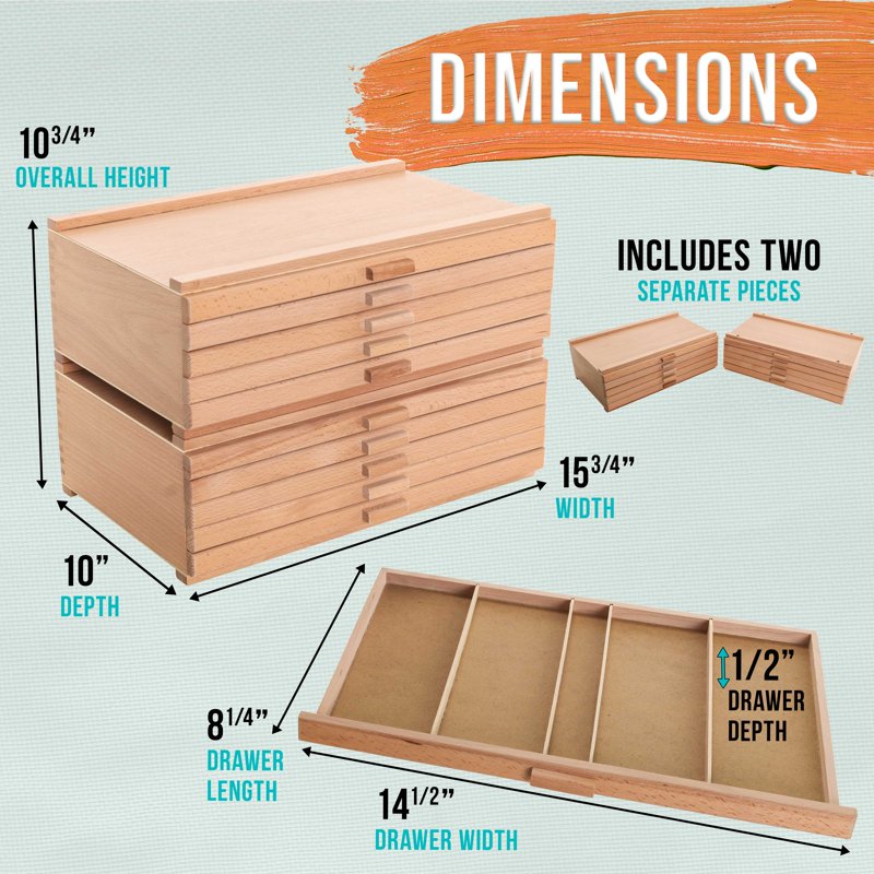 Art Supply Storage Box with 10 Stackable Elm Hardwood Drawers for Pastels Pens & Pencils
