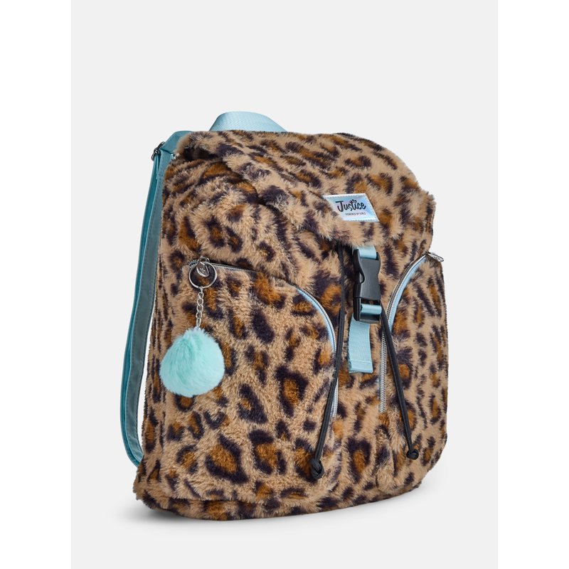 Girls Faux Fur Rucksack Backpack with Leopard Print, Adjustable Straps