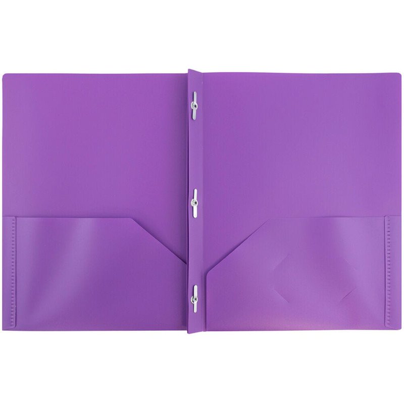 Plastic Pocket Folders with Metal Clasps - 2 Pockets, 3 Pack, Purple