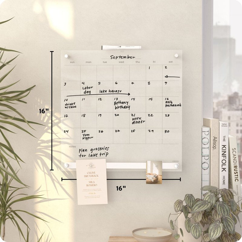Acrylic Dry Erase Monthly Calendar Board 16x16 with Magnetic Bulletin Bar