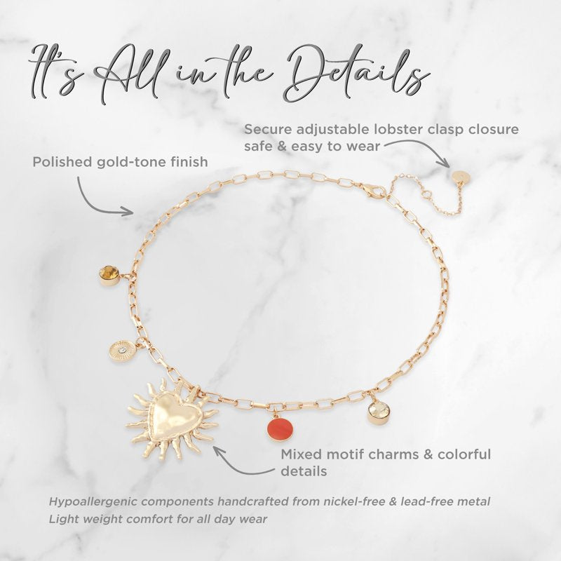 Women's Red Heart Sun Charm Bib Necklace - Adjustable Gold Tone Jewelry