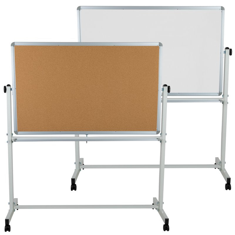 Reversible Mobile Cork Bulletin & Whiteboard with Pen Tray - Classroom & Office