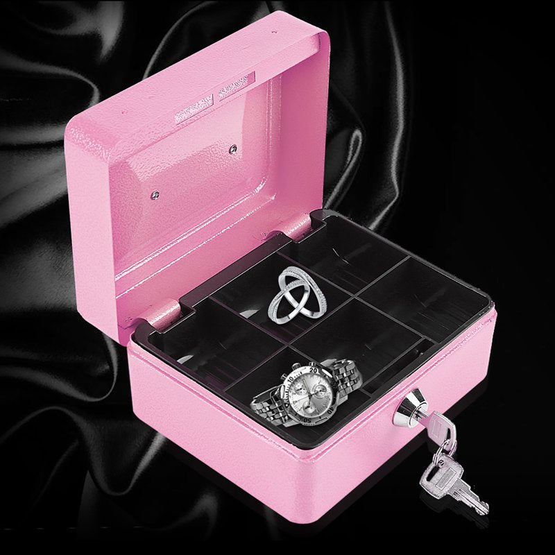 Mini Portable Steel Security Safe Box with Key Lock & Removable Tray - Pink